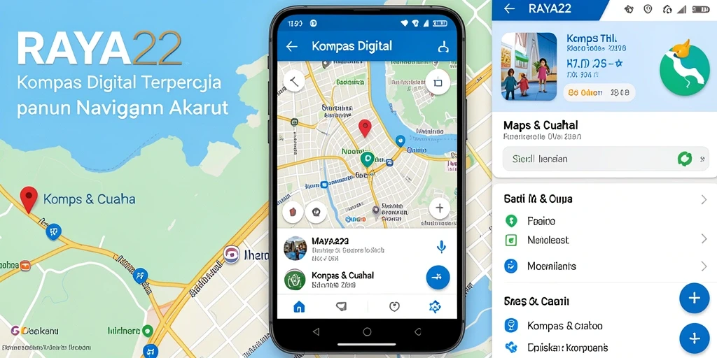 Tampilan antarmuka RAYA22 yang menampilkan fungsi kompas digital dan peta interaktif.